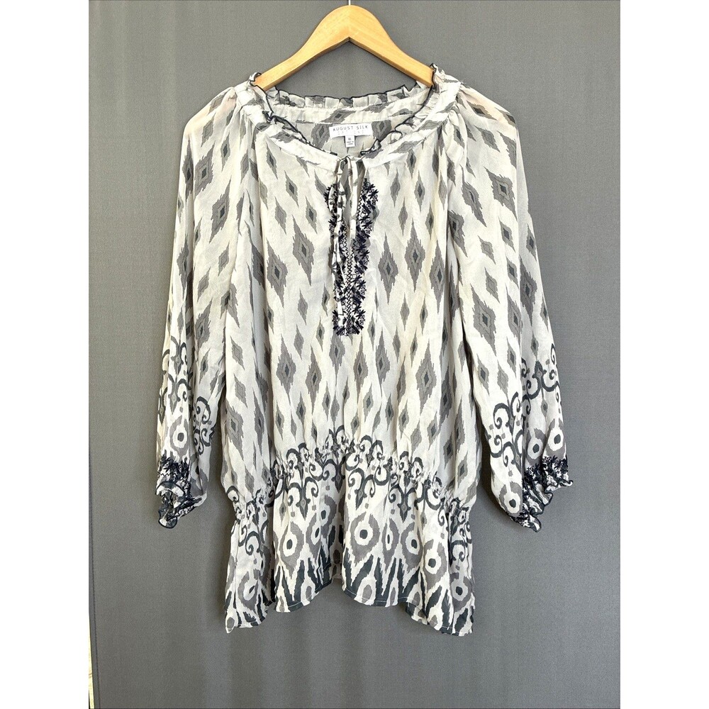 August Silk Options Peplum Sheer Top XL Gray Ikat Embroidered Modern Hippie Boho